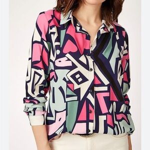 Big‎ Dart Bold Geometric Colorblock Button Up Blouse Women Size 12 Pink